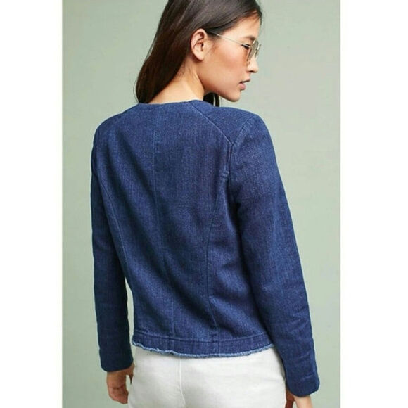 AG Adriano Goldschmied Blue Denim Zip Front Jacket Frayed Trim Casual Chic M - Picture 9 of 16